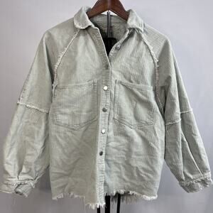 POL Corduroy Shacket Distressed Green Button-Up Womens S